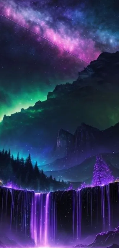 Vibrant aurora over a waterfall with mountains and night sky.