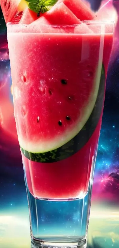 Watermelon juice against a galaxy backdrop in vibrant colors.
