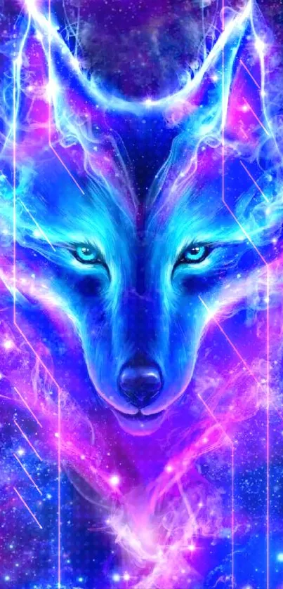 Electric blue and purple galaxy wolf wallpaper for phones.