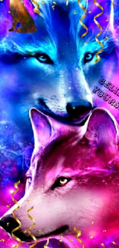 Colorful galaxy wolves wallpaper with motivational text.