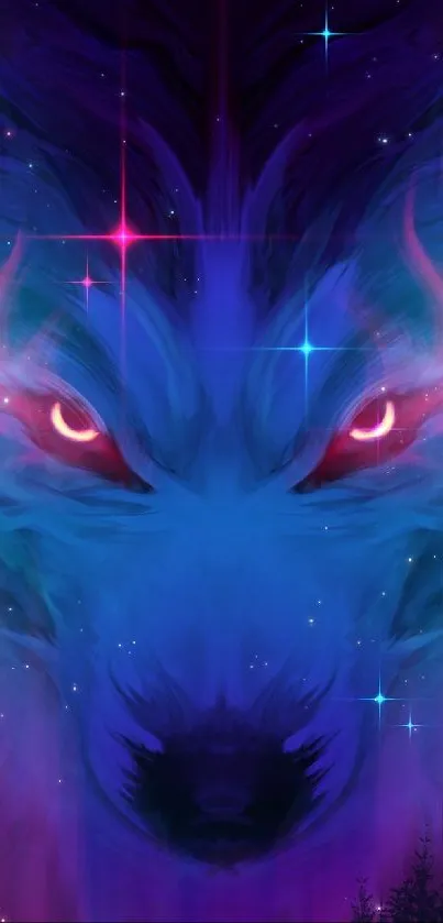 Vibrant neon galaxy wolf with starry background.