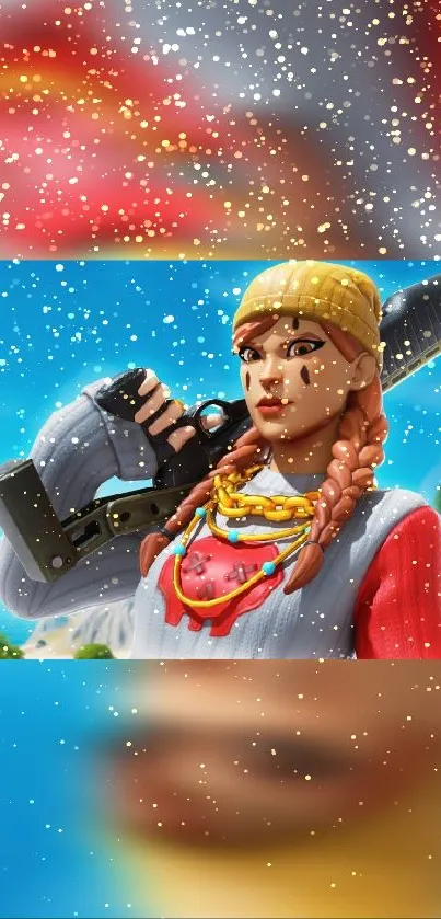 Vibrant game character in snowy landscape wallpaper.