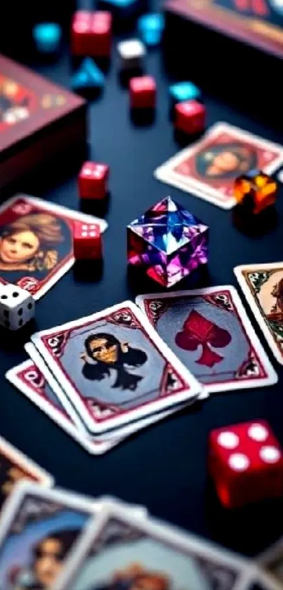 Vibrant game setup with cards and colorful dice on a table.