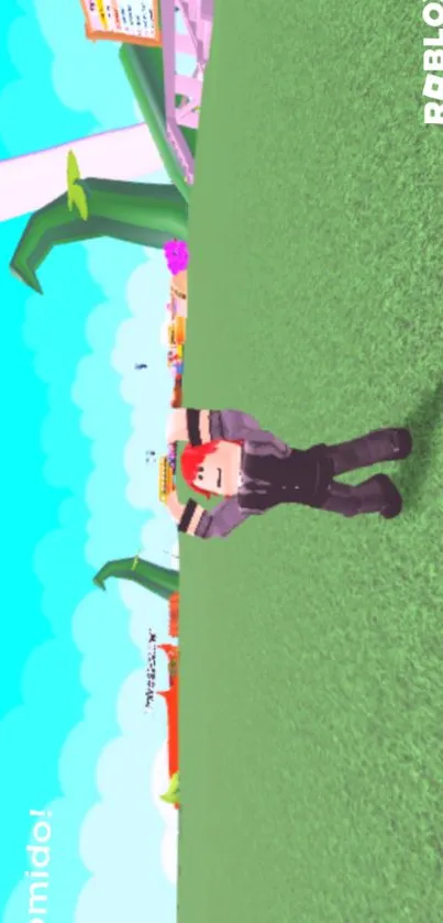 Colorful game world with a block character in a vibrant green and blue landscape.