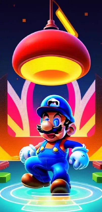 Colorful Mario character in vibrant neon lighting.