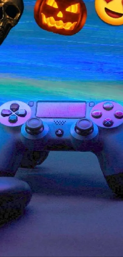 Gaming controller with vibrant blue background and emojis.