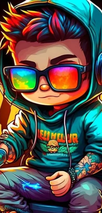 Gamer character in hoodie with rainbow glasses and headphones.