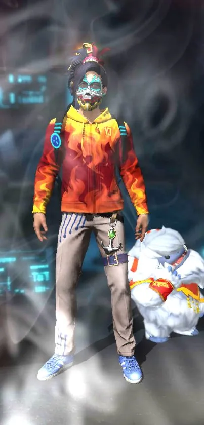 Free Fire character with vibrant colors and companion on mobile wallpaper.