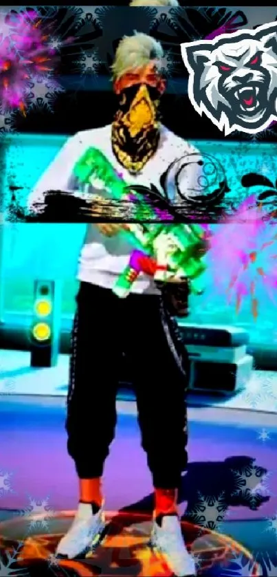 Dynamic gamer character in vibrant, colorful design wallpaper.