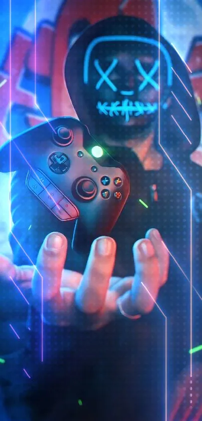 Gamer holding controller with vibrant graffiti backdrop.