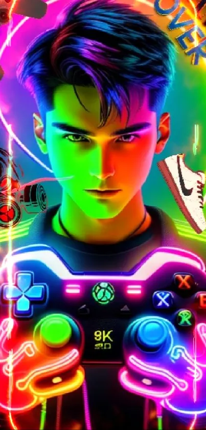 Neon-themed gamer wallpaper with vibrant colors and gaming elements.