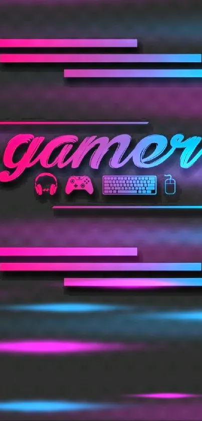 Vibrant neon gamer wallpaper with gaming icons on a dark background.