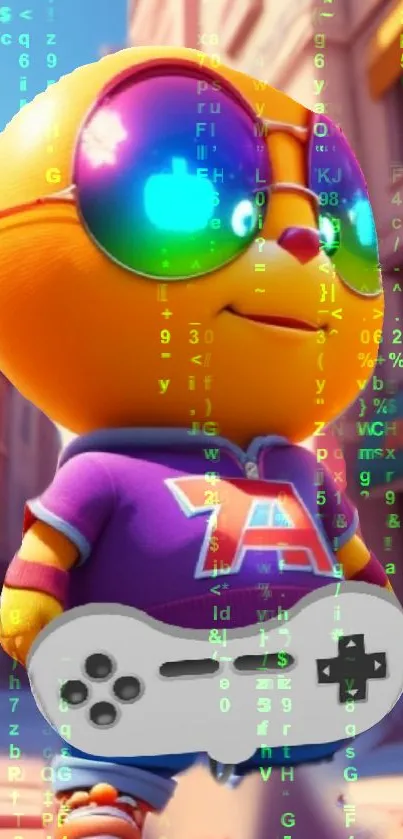 Animated cat with sunglasses in digital matrix theme.