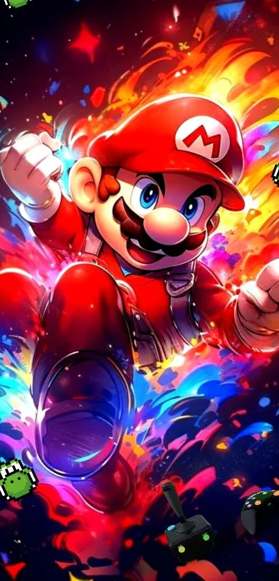 Mario bursting through colorful splashes in dynamic art.