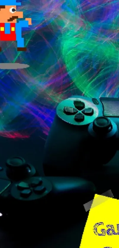 Colorful gaming wallpaper with controllers and pixel art character.