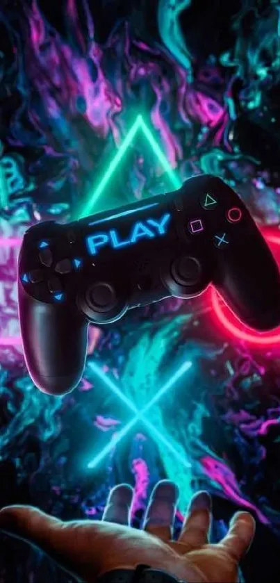 Neon gaming console art with vibrant colors and hand-held controller.