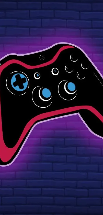 Colorful gaming controller art on a brick background with neon glow.