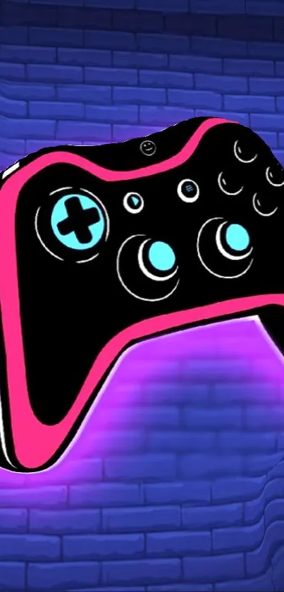 Neon-themed gaming controller on a brick wall background with vibrant colors.