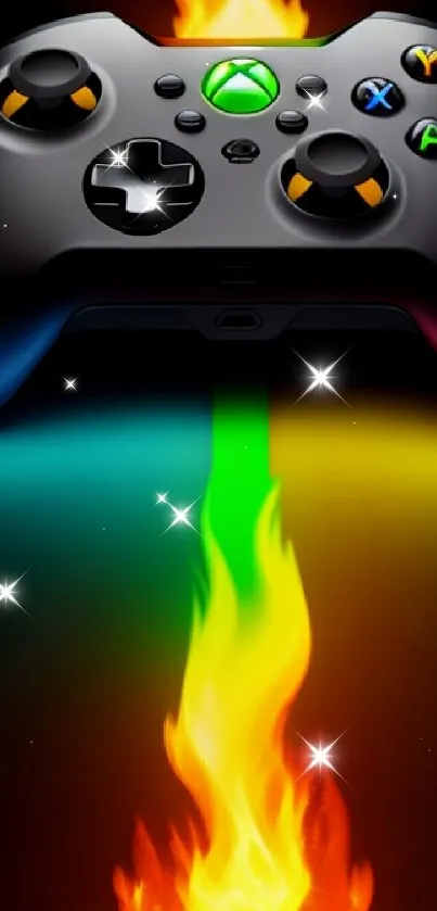 Colorful gaming controller with flame effects on black background.