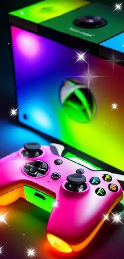 Vibrant gaming console and controller wallpaper with colorful design.