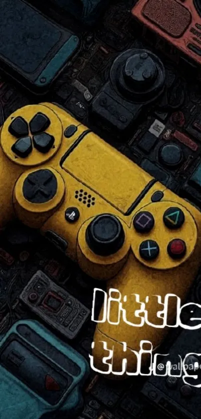 Yellow gaming controller in retro tech art style.