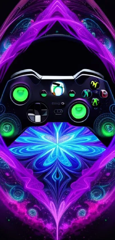 Neon gaming controller with vibrant purple and blue art.