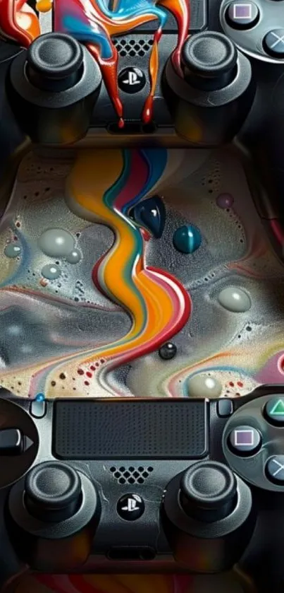 Colorful gaming controllers with abstract art design.