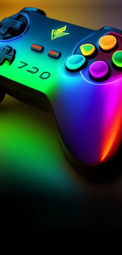 Close-up of a gaming controller with rainbow colors on a black background.