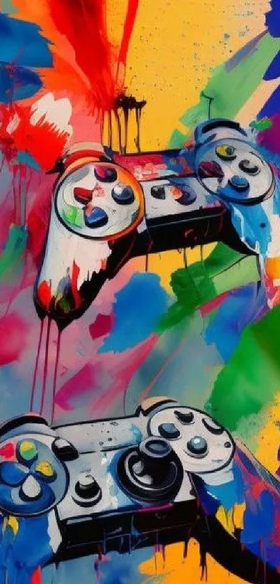 Artistic gaming controllers with vibrant color splashes.