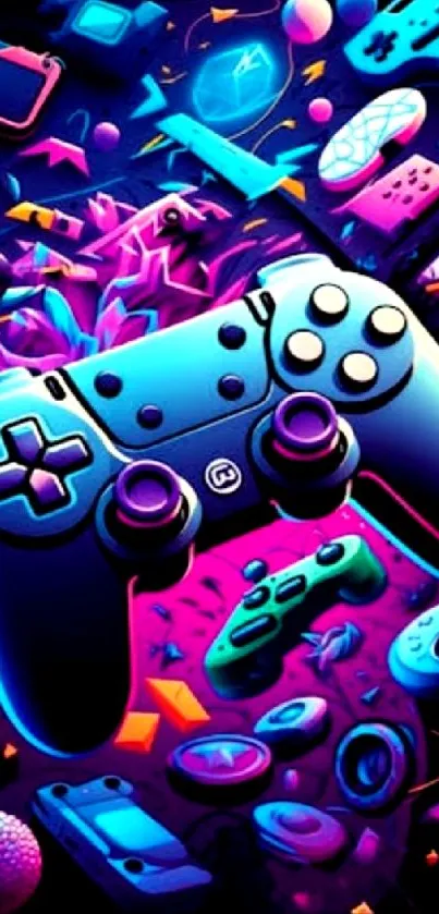 Vibrant gaming controller artwork in neon colors for mobile wallpaper.