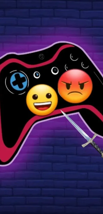 Colorful gaming controller with emojis on a vibrant purple background.