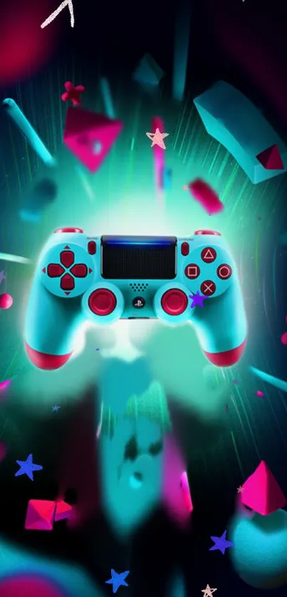 Neon gaming controller with geometric shapes.