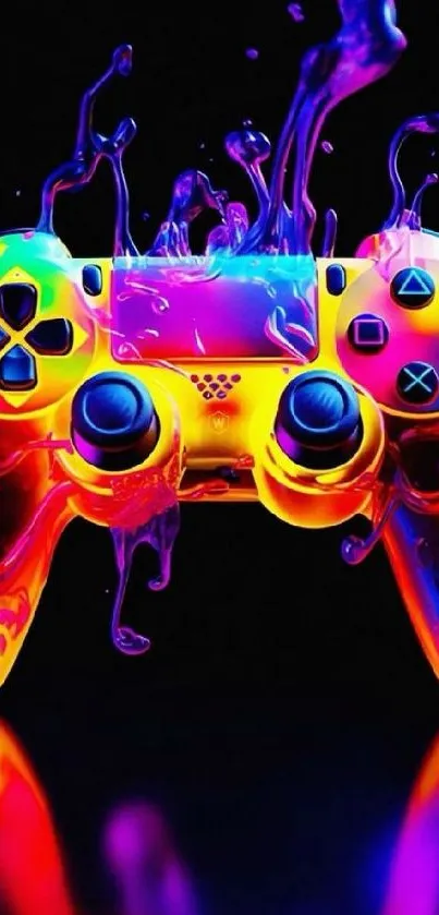 Vibrant neon gaming controller art wallpaper with colorful splashes.