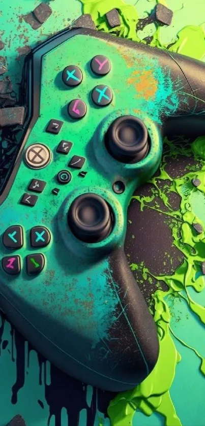 Vibrant teal gaming controller with splash on mobile wallpaper.