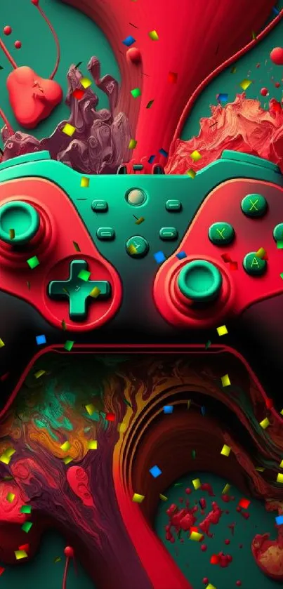 Artistic gaming controller with vibrant red and green abstract splash design.