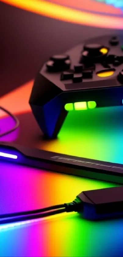 Vibrant gaming controller with LED lights and colorful accents.