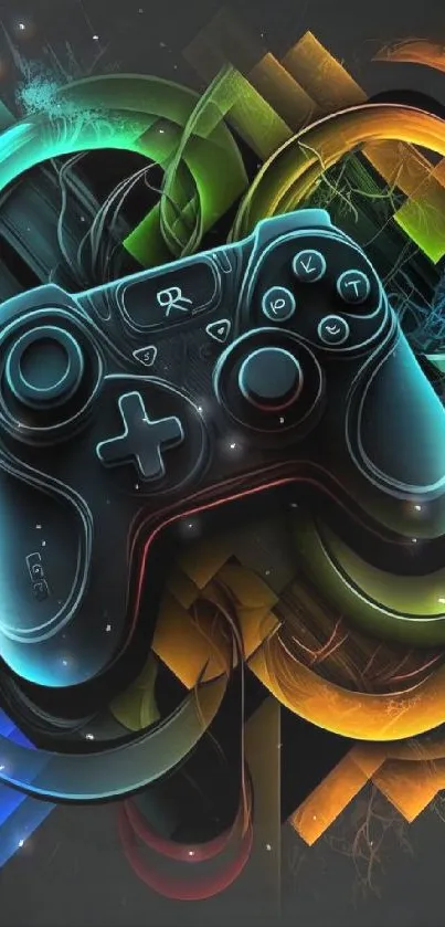 A vibrant gaming controller on an abstract colorful background.