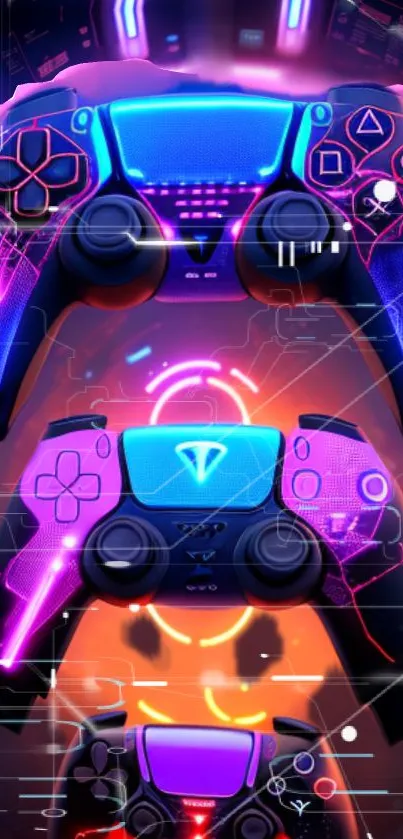 Vibrant neon gaming controllers on digital wallpaper