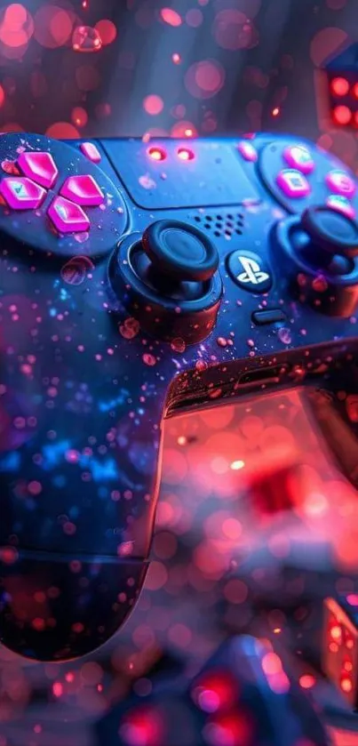 Colorful gaming controller with neon lights background.