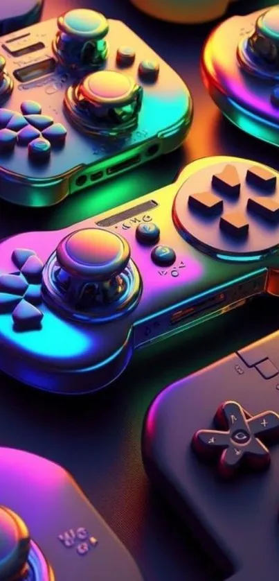 Vibrant rainbow gaming controllers on display.