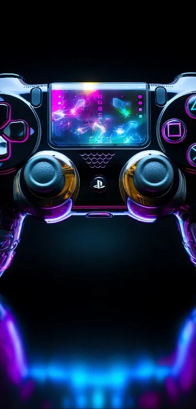 Vibrant gaming controller with neon lights and colorful screen display.