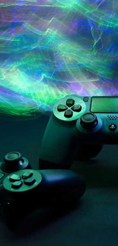 Futuristic neon gaming controllers wallpaper.