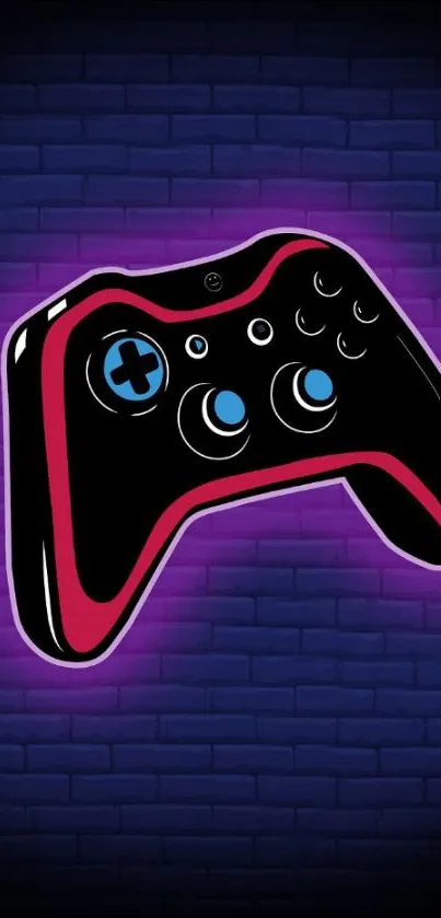 Vibrant neon gaming controller on dark blue brick wall.