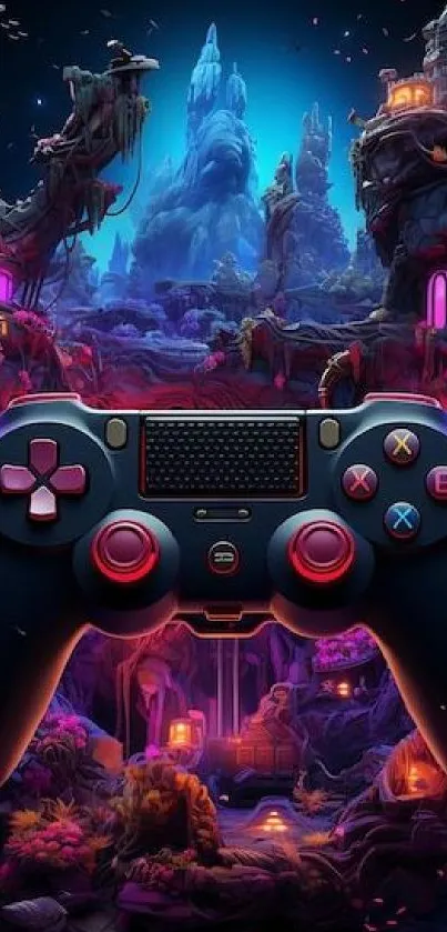 Vibrant gaming controller in fantasy landscape.