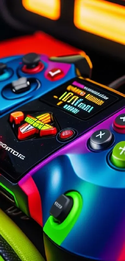 Colorful gaming controller on neon-lit background.