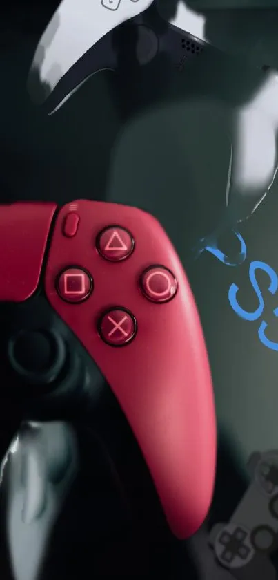 Red PS5 gaming controller on sleek background.