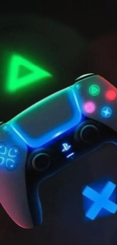 Neon gaming controller with vibrant colors on a black background.