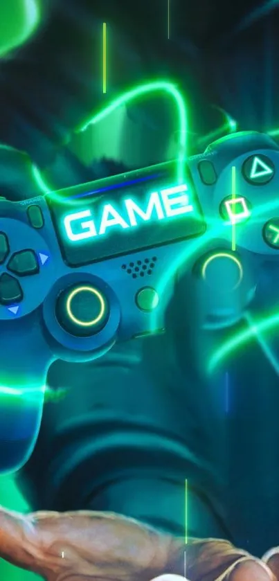 Vibrant neon gaming controller on hand