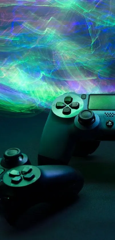 Vibrant gaming controllers with neon light trails on a mobile wallpaper.