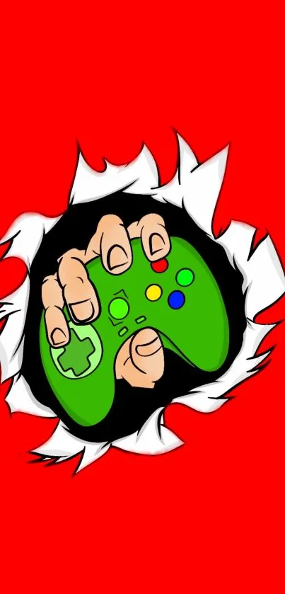 Hand with controller on vibrant red wallpaper background.